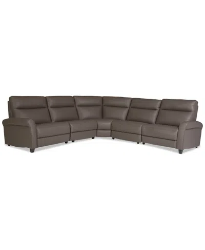 Macy's Thandler 5-pc. Leather L Shape Sectional With 3 Power Recliners And 1 Storage Console, Exclusively A In Brown