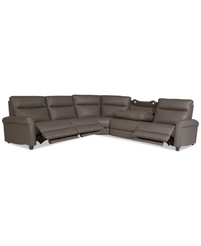 Macy's Thandler 5-pc. Leather L Shape Sectional With 3 Power Recliners And 1 Storage Console, Exclusively A In Brown