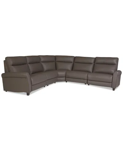 Macy's Thandler 5-pc. Leather L Shape Sectional With 3 Power Recliners And 1 Storage Console, Exclusively A In Brown