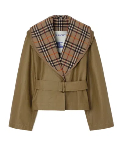 Burberry Cropped Cotton Jacket With Check Warmer In Multi
