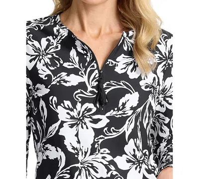Tommy Bahama Women's Blooms Zip Long Sleeve Rashguard Swimsuit In Black