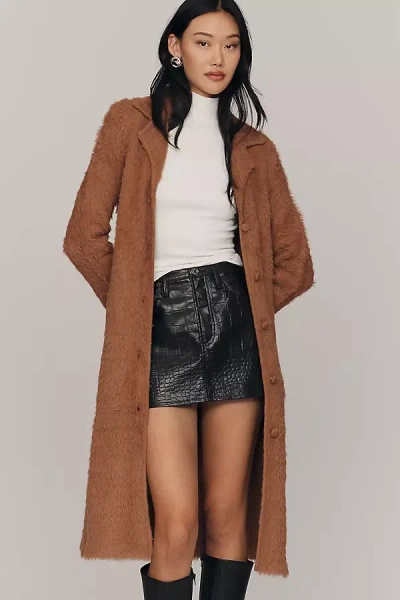 Maeve Collared Eyelash Long Coatigan In Brown