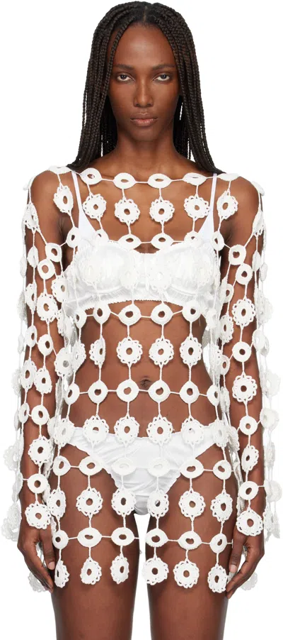 Roisin Pierce White Crochet Floating Florals Knit Blouse In White
