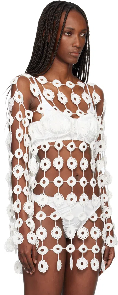 Roisin Pierce White Crochet Floating Florals Knit Blouse In White