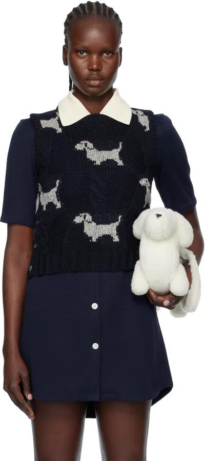 Thom Browne Navy Hector Intarsia & Cable Check Crew Neck Vest In Blue