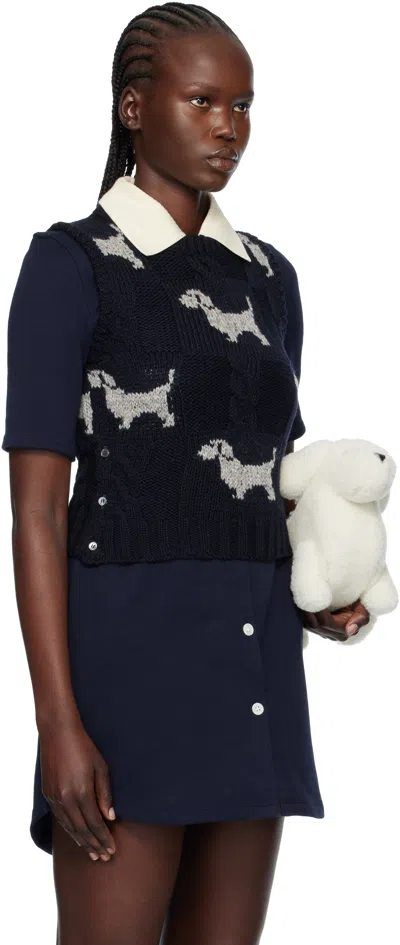 Thom Browne Navy Hector Intarsia & Cable Check Crew Neck Vest In Blue