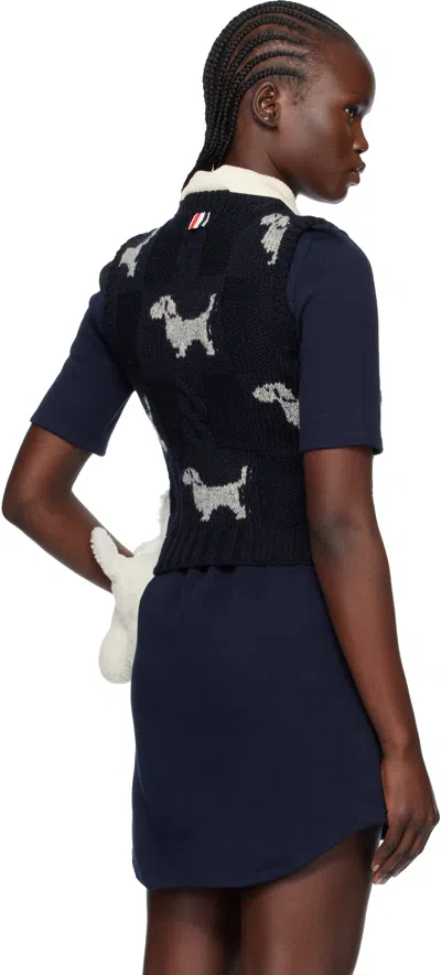 Thom Browne Navy Hector Intarsia & Cable Check Crew Neck Vest In Blue