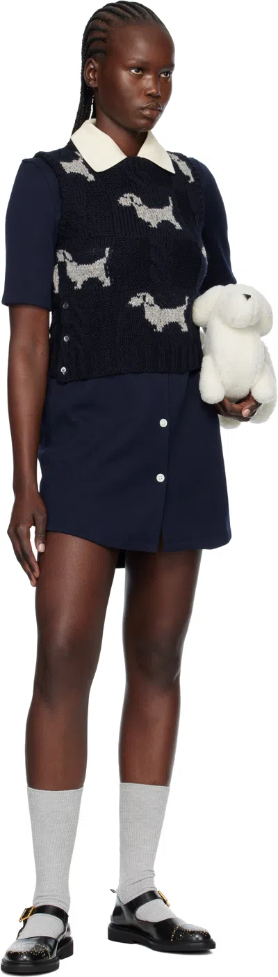 Thom Browne Navy Hector Intarsia & Cable Check Crew Neck Vest In Blue