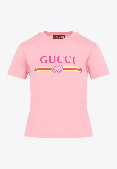 Gucci Women Pink Crewneck T-shirt With Logo Print On The Front In Cotton Woman
