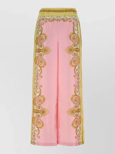 Versace Multicolor Trousers With Elastic Waist And All-over Geometric Print In Silk Woman In Pink