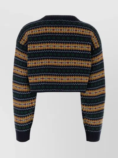 Miu Miu Striped V Neck Wool Knit Sweater In Black