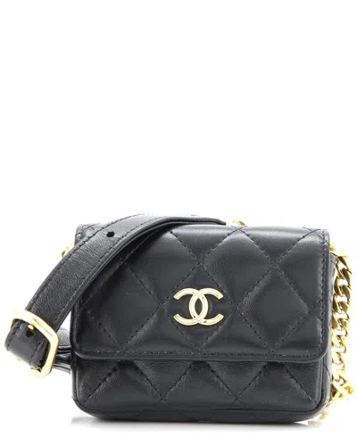 Pre-owned Chanel Black Quilted Lambskin Cc Flap Resin Pearl Chain Belt Bag Mini  (authentic Pre-loved)
