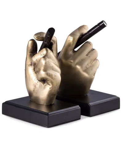 Bey-berk Antique Brass Cigar In Hand Bookends On Black Wood Base In Gold