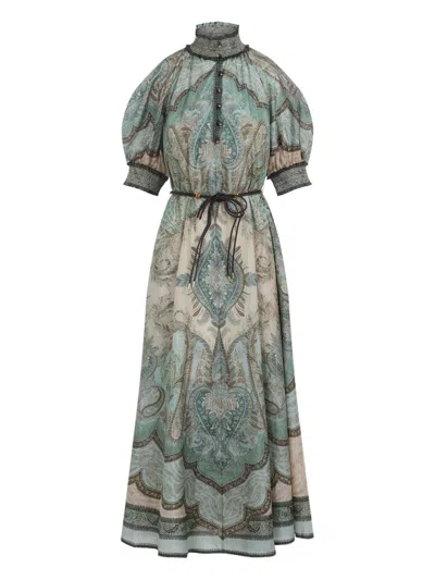 Zimmermann Womens Tapestry Teal Multi Wanderlust Billow Puffed-short-sleeves Silk Midi Dress In Gray