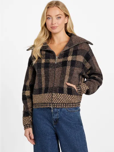 Guess Factory Liana Plaid Sweater Cardigan In Brown