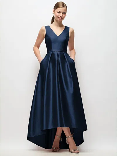 Alfred Sung Sleeveless Pleated Skirt High Low Dress With Pockets In Blue