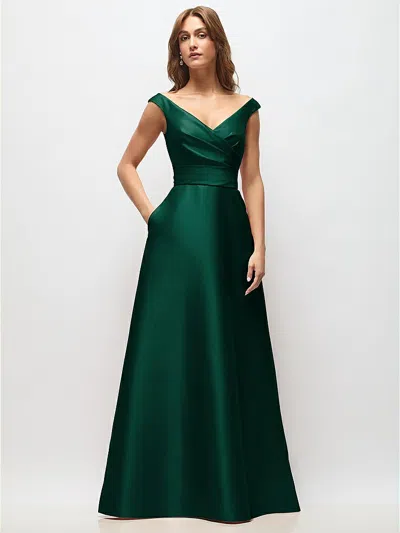 Alfred Sung Off-the-shoulder Draped Wrap Satin Maxi Dress In Green