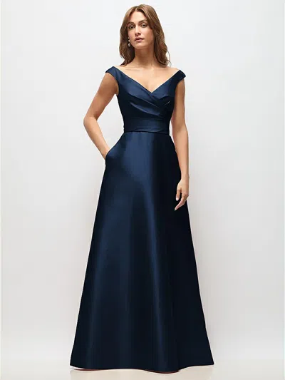 Alfred Sung Draped One-shoulder Satin Maxi Dress With Pockets In Blue