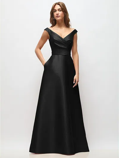 Alfred Sung Off-the-shoulder Draped Wrap Satin Maxi Dress In Black
