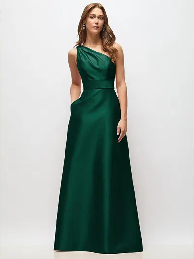 Alfred Sung Draped One-shoulder Satin Maxi Dress With Pockets In Blue