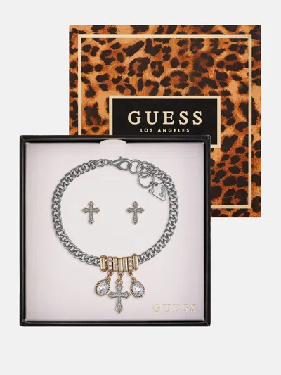 Guess Factory Silver-tone Cross Stud Earrings And Bracelet Box Set In Multi