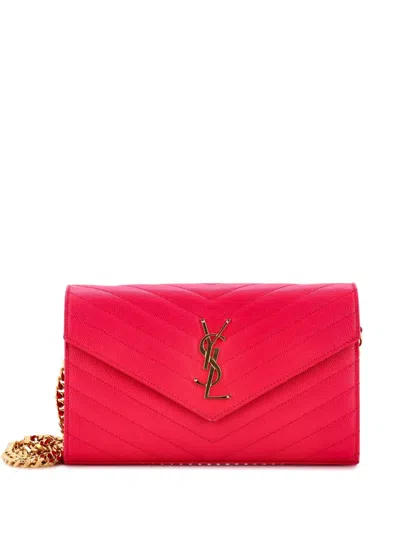 Pre-owned Saint Laurent Classic Monogram Wallet On Chain Matelasse Chevron Leather Medium Crossbody Bag In Pink