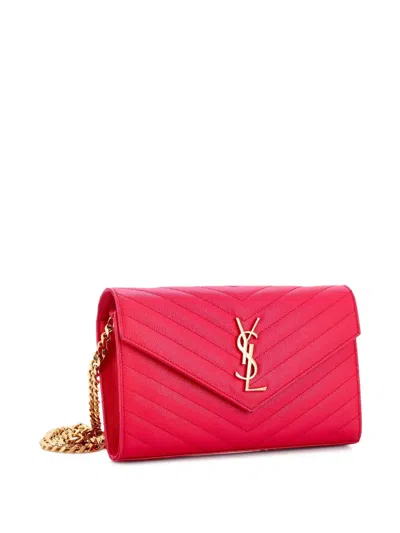 Pre-owned Saint Laurent Classic Monogram Wallet On Chain Matelasse Chevron Leather Medium Crossbody Bag In Pink