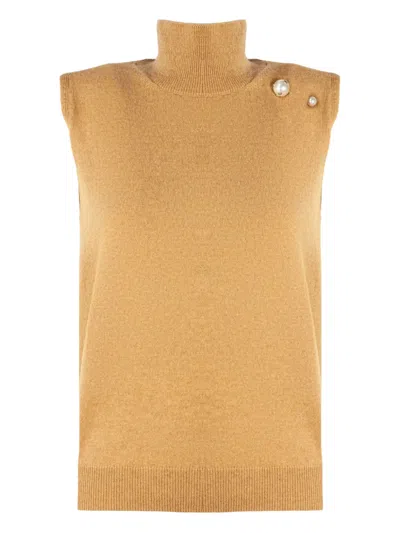 Alberta Ferretti Pearl-embellished High Neck Top In Brown