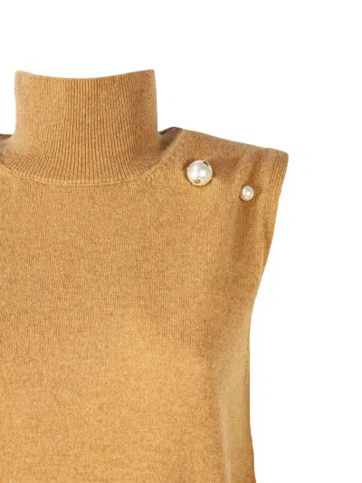 Alberta Ferretti Pearl-embellished High Neck Top In Brown