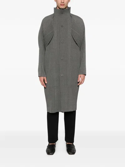 Issey Miyake Pleated Funnel-neck Coat In Gray