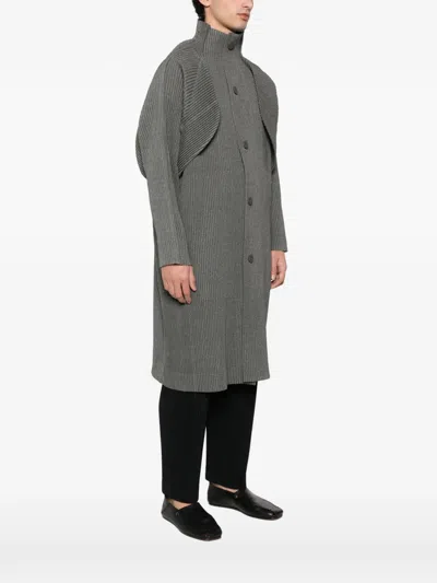 Issey Miyake Pleated Funnel-neck Coat In Gray