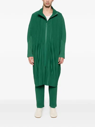 Issey Miyake Pleated Zip-up Coat In Green