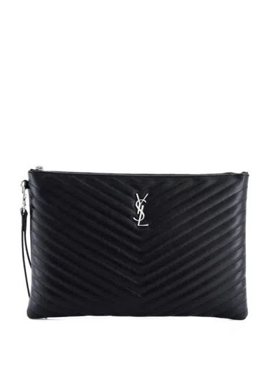 Pre-owned Saint Laurent Classic Monogram Wristlet Pouch Matelasse Chevron Leather Large Clutch Bag In Black