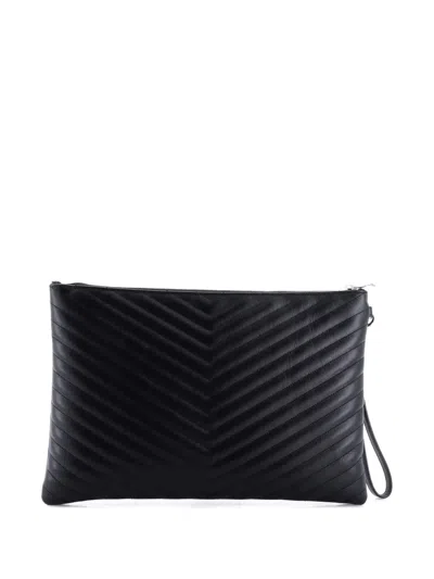 Pre-owned Saint Laurent Classic Monogram Wristlet Pouch Matelasse Chevron Leather Large Clutch Bag In Black