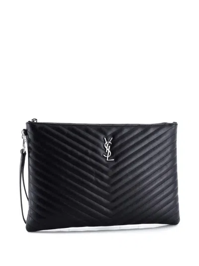 Pre-owned Saint Laurent Classic Monogram Wristlet Pouch Matelasse Chevron Leather Large Clutch Bag In Black