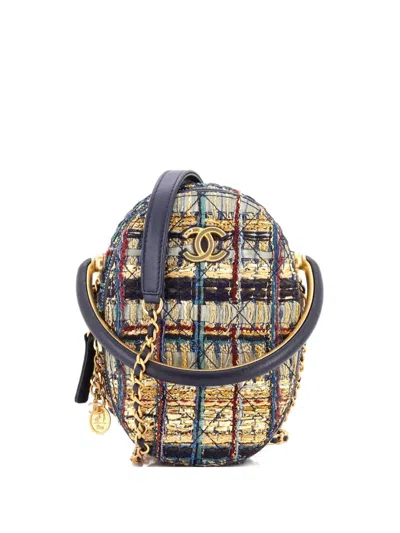 Pre-owned Chanel Paris-new York Oval Camera Case Quilted Tweed Small Crossbody Bag In Blue