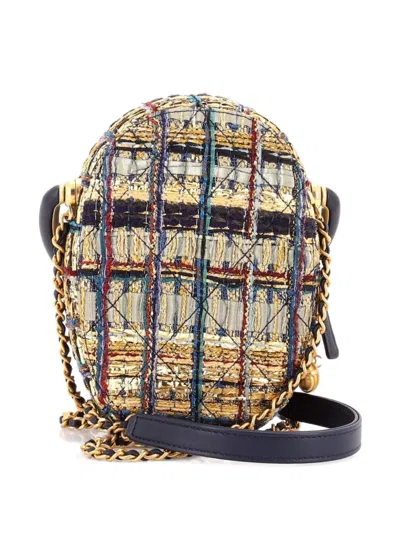 Pre-owned Chanel Paris-new York Oval Camera Case Quilted Tweed Small Crossbody Bag In Blue