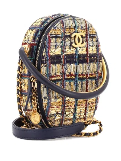 Pre-owned Chanel Paris-new York Oval Camera Case Quilted Tweed Small Crossbody Bag In Blue