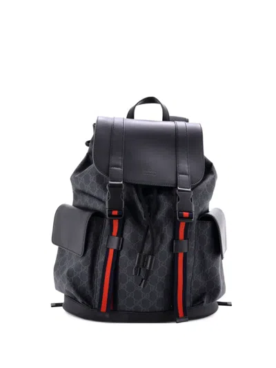 Pre-owned Gucci Double Pocket Buckle Gg Coated Canvas Large Backpack In Black