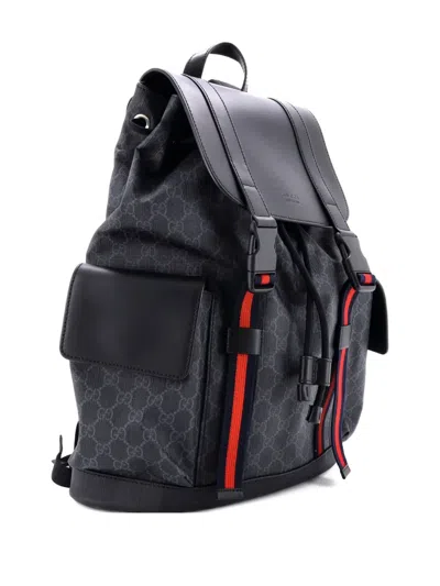 Pre-owned Gucci Double Pocket Buckle Gg Coated Canvas Large Backpack In Black