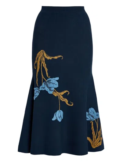 Erdem Floral-jacquard Knitted Midi Skirt In Blue