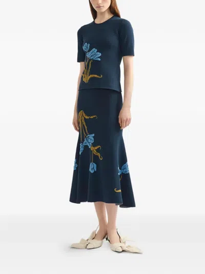 Erdem Floral-jacquard Knitted Midi Skirt In Blue