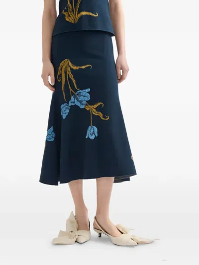 Erdem Floral-jacquard Knitted Midi Skirt In Blue