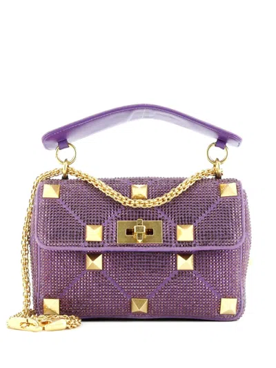 Pre-owned Valentino Garavani Roman Stud Flap Bag Embellished Suede Medium Shoulder Bag In Purple