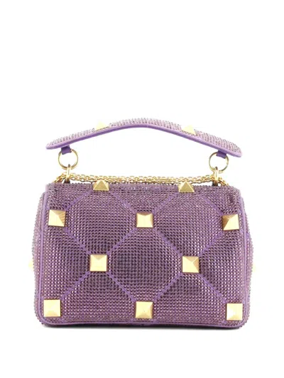Pre-owned Valentino Garavani Roman Stud Flap Bag Embellished Suede Medium Shoulder Bag In Purple