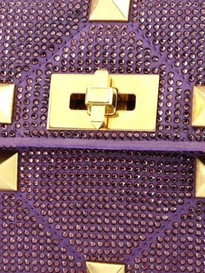 Pre-owned Valentino Garavani Roman Stud Flap Bag Embellished Suede Medium Shoulder Bag In Purple