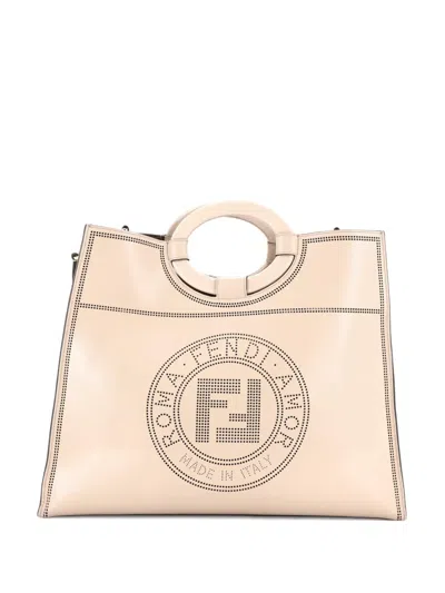 Pre-owned Fendi Runaway Shopper Perforated Leather Medium Tote Bag In Neutral