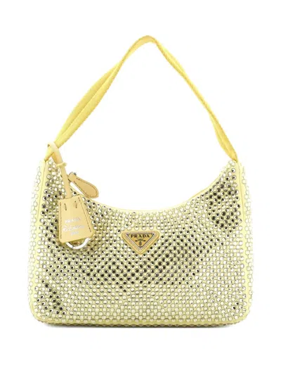 Pre-owned Prada Re-edition 2000 Crystal Embellished Satin Mini Hobo Bag In Yellow