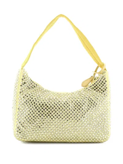Pre-owned Prada Re-edition 2000 Crystal Embellished Satin Mini Hobo Bag In Yellow