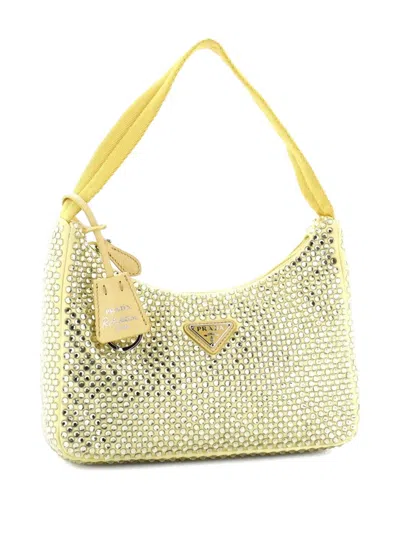 Pre-owned Prada Re-edition 2000 Crystal Embellished Satin Mini Hobo Bag In Yellow